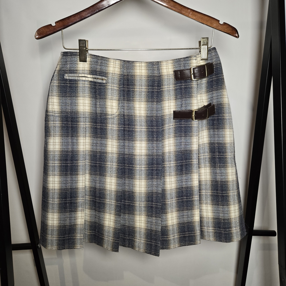 Vtg Blue and Cream Wool Plaid Pleated Mini Kilt Style Skirt With Pocket Size 8